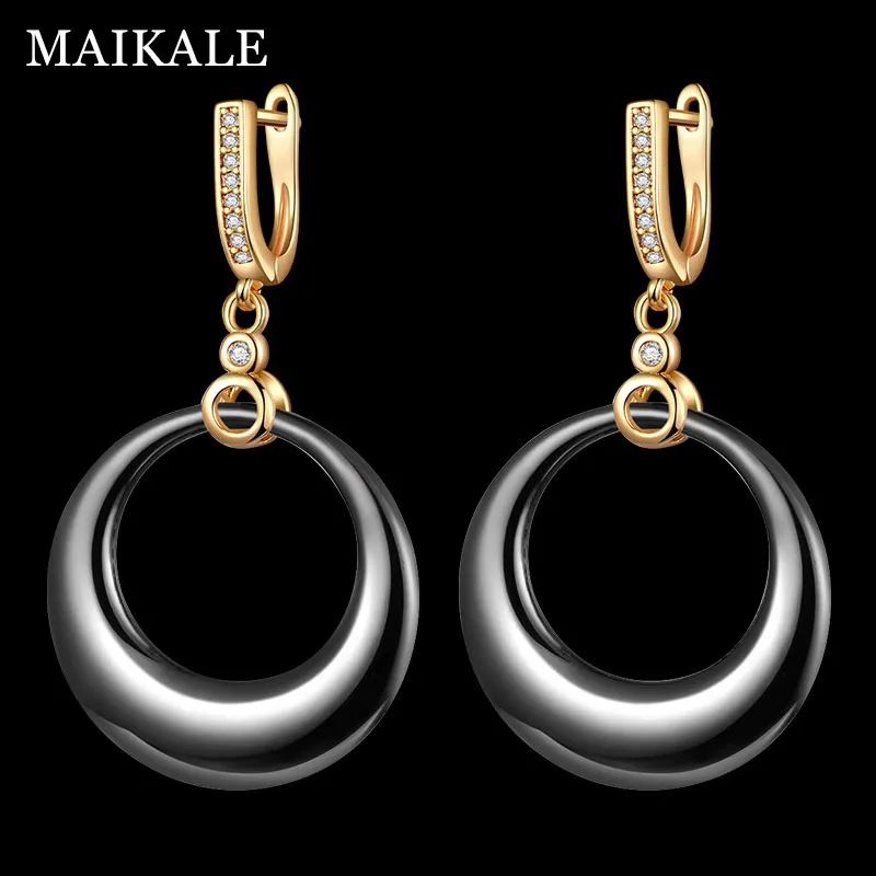 gold black MAIKALE, корейская мода, черные, белые керамические серьги для женщин, золотые, серебряные, кубический цирконий, циркон, капля воды, висячие серьги, ювелирные изделия - Окраска металла: gold black