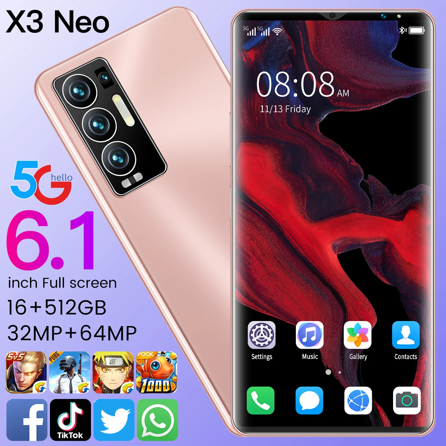 

Global Version X3 NEO 6.1 Inch Smartphone 16+512GB 6000mAh 32+64MP Android11 Phone Fasce ID Supports Google GPS Wifi 5G Phone