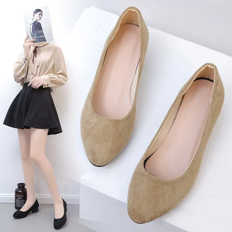 

2021 Spring and Autumn New Mid-heel High Heels Suede Fashionable Low-top Shoes Breathable and Comfortable