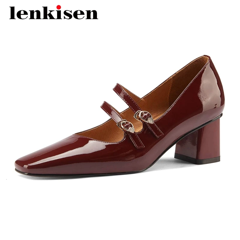 

Lenkisen retro fashion cow patent leather dance party all-match square toe thick high heel buckle straps modern women pumps L09
