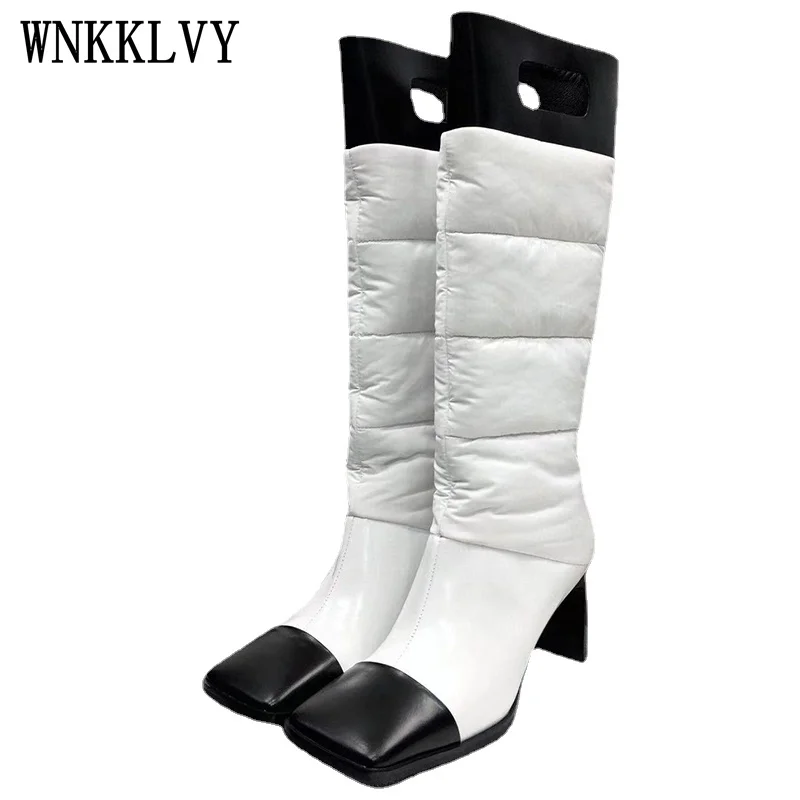 

Женские высокие сапоги до колена с квадратным носком, новинка осень-зима 2021, водонепроницаемые и теплые пуховые сапоги, модные облегающие д...