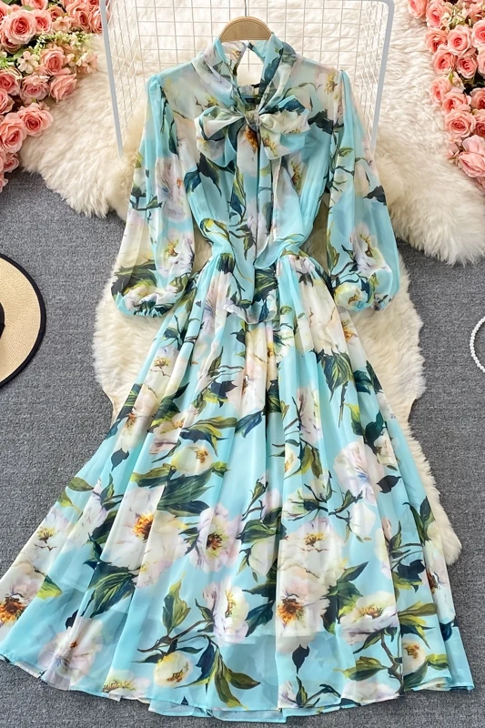 

French ladies temperament holiday beach skirt bow tie print chiffon dress elegant big swing long skirt