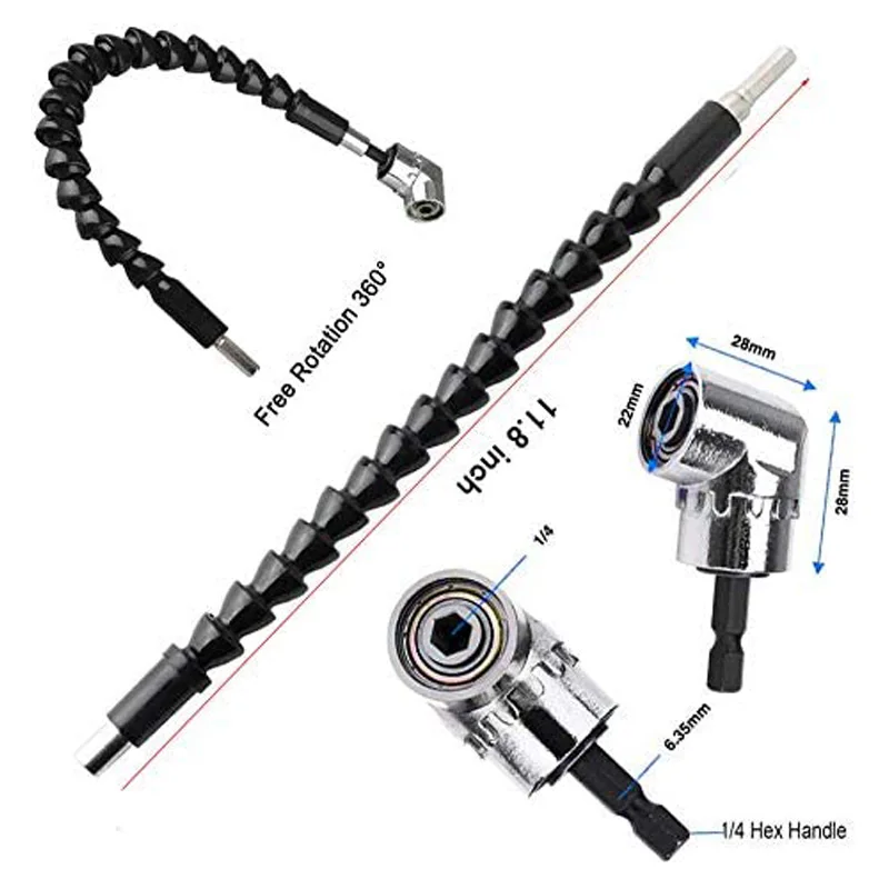 

WSFS Hot 4PCS 105 Degree Right Angle Drill 1/4 inch Hex Shank Flexible Drill Bit Extension Screwdriver Bit Holder Connecting Lin