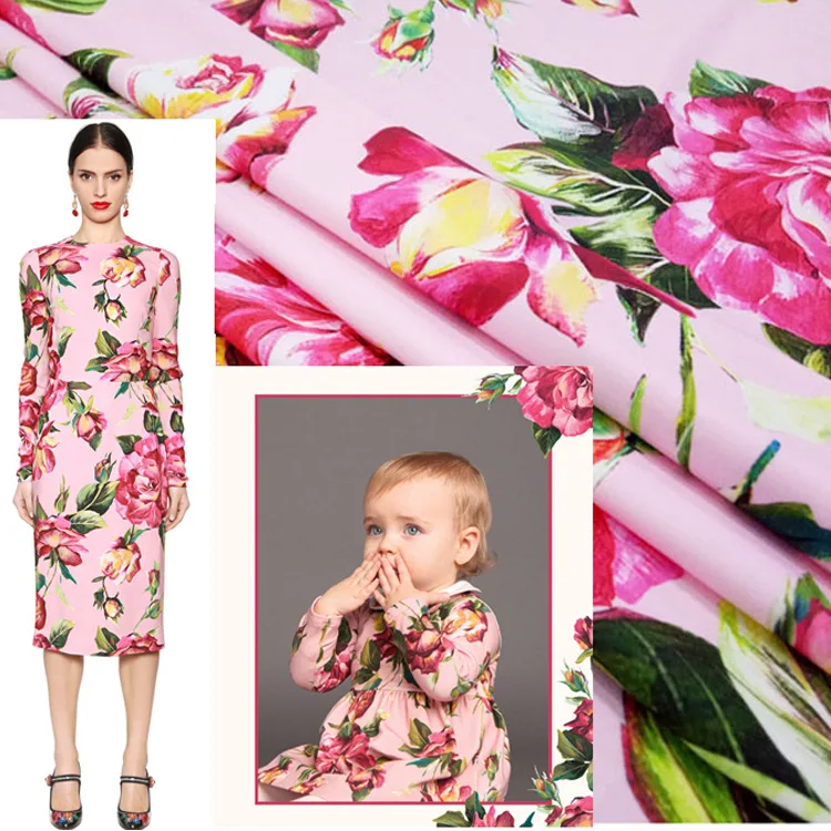 

Autumn new women's finished printed fabrics Europe and the United States brand parent-child pink large flower fabric customized