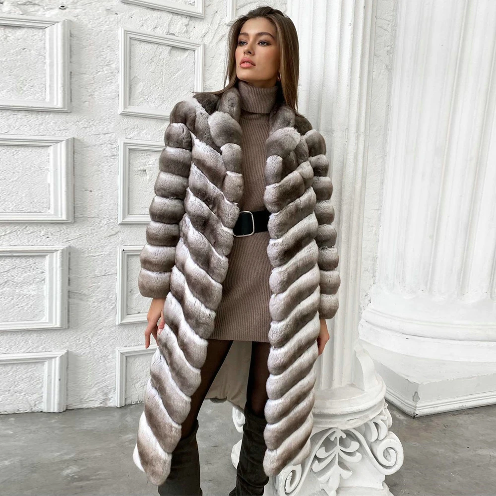 Women's Real Fur Coat Winter New Whole Skin Genuine Rex Rabbit Fur Coat with Turn-down Collar Luxury Rabbit Fur Overcoat Woman enlarge