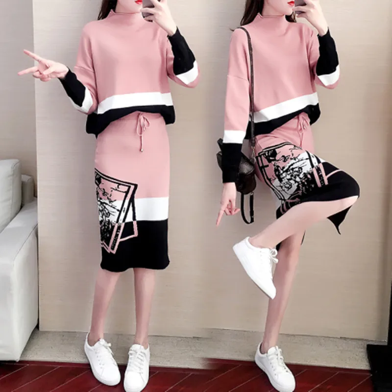 Picture color Модная дизайнерская Неделя моды новая женская одежда вязаный костюм пуловер с длинными рукавами+ модная сумка на бедрах юбка комплект из двух предметов - Цвет: Picture color
