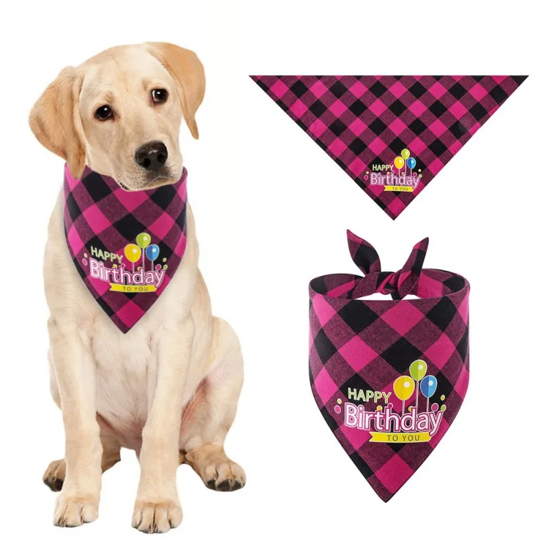 

Double layer dog Bib Happy Birthday Print Triangle Scarf Plaid Reversible Triangle Bibs Scarf Accessories for Dogs Cats Pets