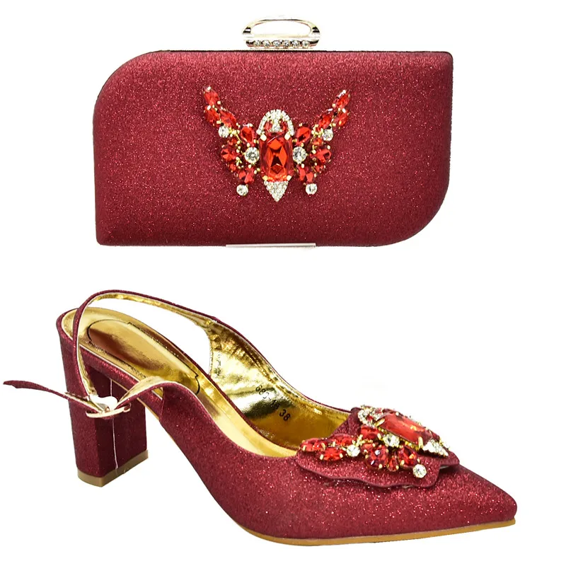 Latest Italian Shoes with Matching Bags Set Decorated Rhinestone Nigerian Women Wedding Pumps Purse High Heels | Обувь