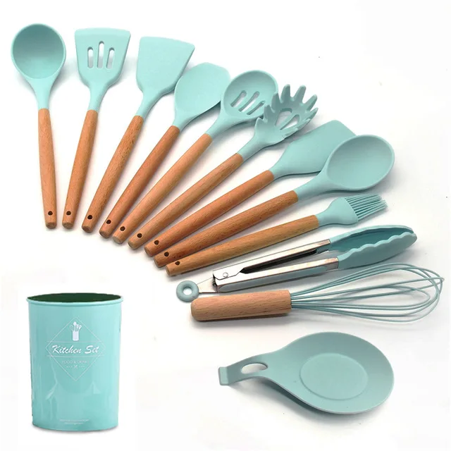 13-pcs kitchen set В виде бабочек, новинка, 12/13 шт. Кухня посуда набор силиконовых металлическая кулинарная лопатка инструменты с коробка для хранения с деревянной ручкой с антипригарным покрытием шпатель Кухня инструменты - Цвет: 13-pcs kitchen set