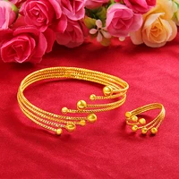 trendy carved multi line bracelet ring set yellow gold filled women wedding jewelry set
