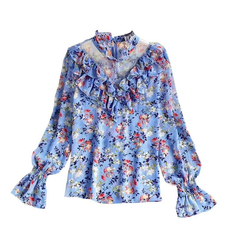 

Spring Autumn New Fashion Temperament Tops Women's Net Yarn Wooden Ears Stand Collar Puff Sleeve Loose Floral Chiffon Shirt C129