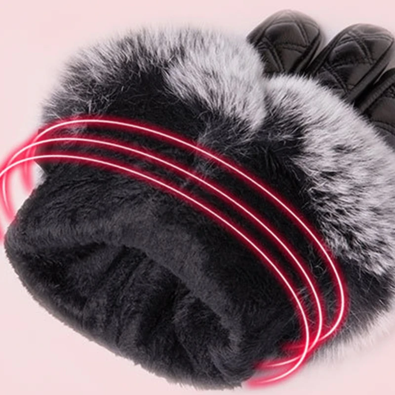 

Women Winter Artificial Leather Touch Screen Gloves Cute Furry Wrist Thicken Plush Lining Thermal Warm Texting Driving Full Fing