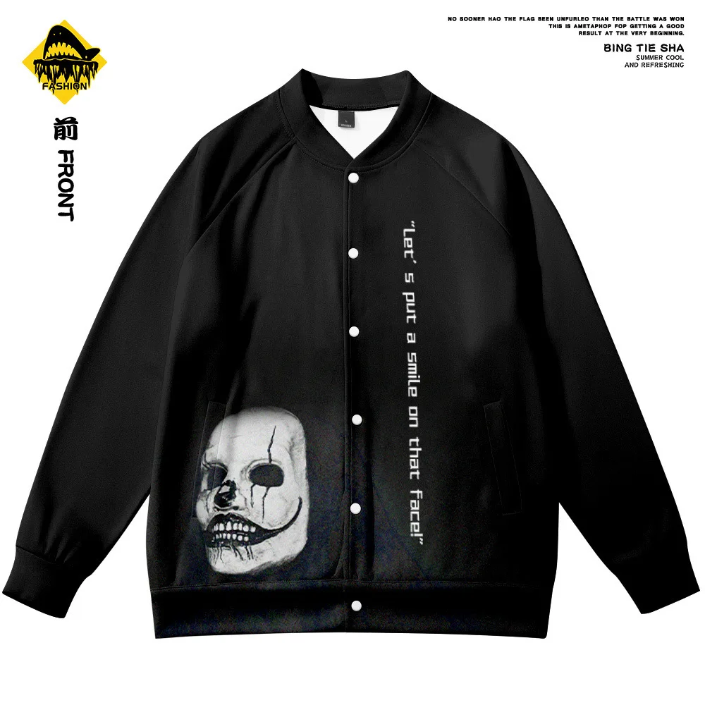 Мужская винтажная бейсбольная куртка черная однобортная Свободная с принтом