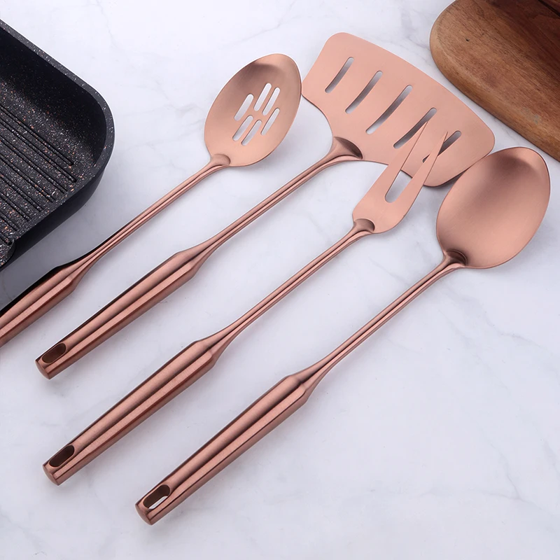 Rose Gold 4 pcs 4/7 шт набор кухонных принадлежностей из нержавеющей стали, кухонные инструменты с длинной ручкой, матовые полировальные шлицевые Тернер, золотые кухонные аксессуары, посуда - Цвет: Rose Gold 4 pcs