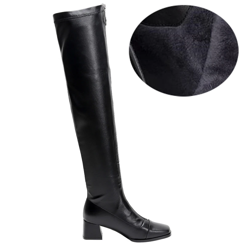 Black Velvet Lining Облегающие Женские Сапоги выше колена; женские сапоги с квадратным носком на молнии спереди; Botas Mujer; черная кожаная женская обувь; высокие сапоги до бедра для девушек - Цвет: Black Velvet Lining