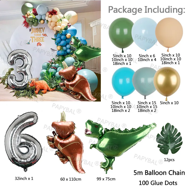 Globos de dinosaurio para cumplea&ntilde;os, guirnalda de arco para ni&ntilde;os, globo de papel de aluminio verde, jungla, Safari, Fiesta Tem&aacute;tica-5