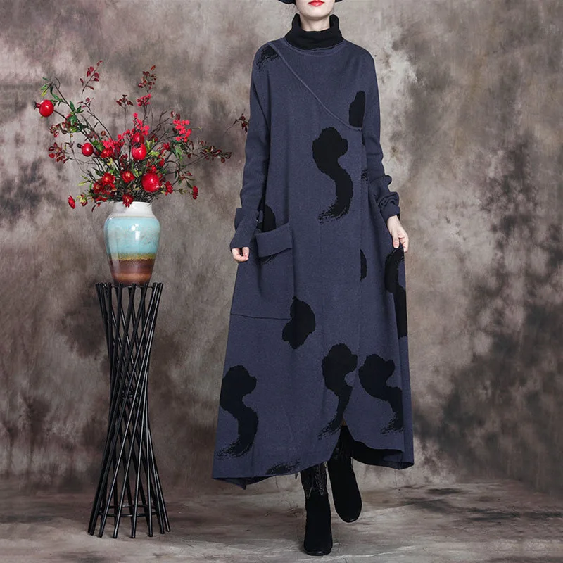 

SuperAen осень/зима 2021 Новинка водолазка с принтом Ретро вязаное длинное ТРАПЕЦИЕВИДНОЕ Повседневное платье для женщин