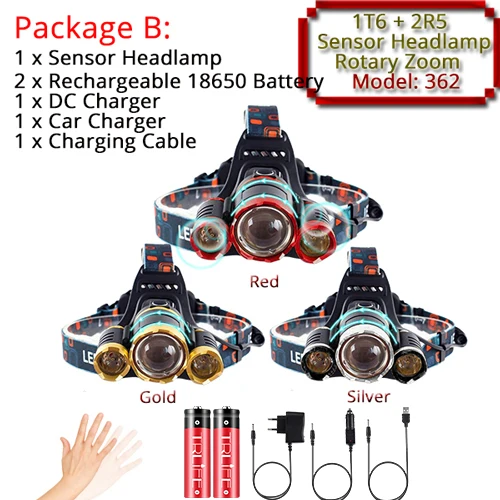 Package B Светодиодный налобный фонарь 3000лм с ИК-датчиком, T6, Головной фонарь с громкой связью, фонарь для движения тела, 18650 налобный фонарь, водонепроницаемая лампа для рыбалки - Испускаемый цвет: Package B