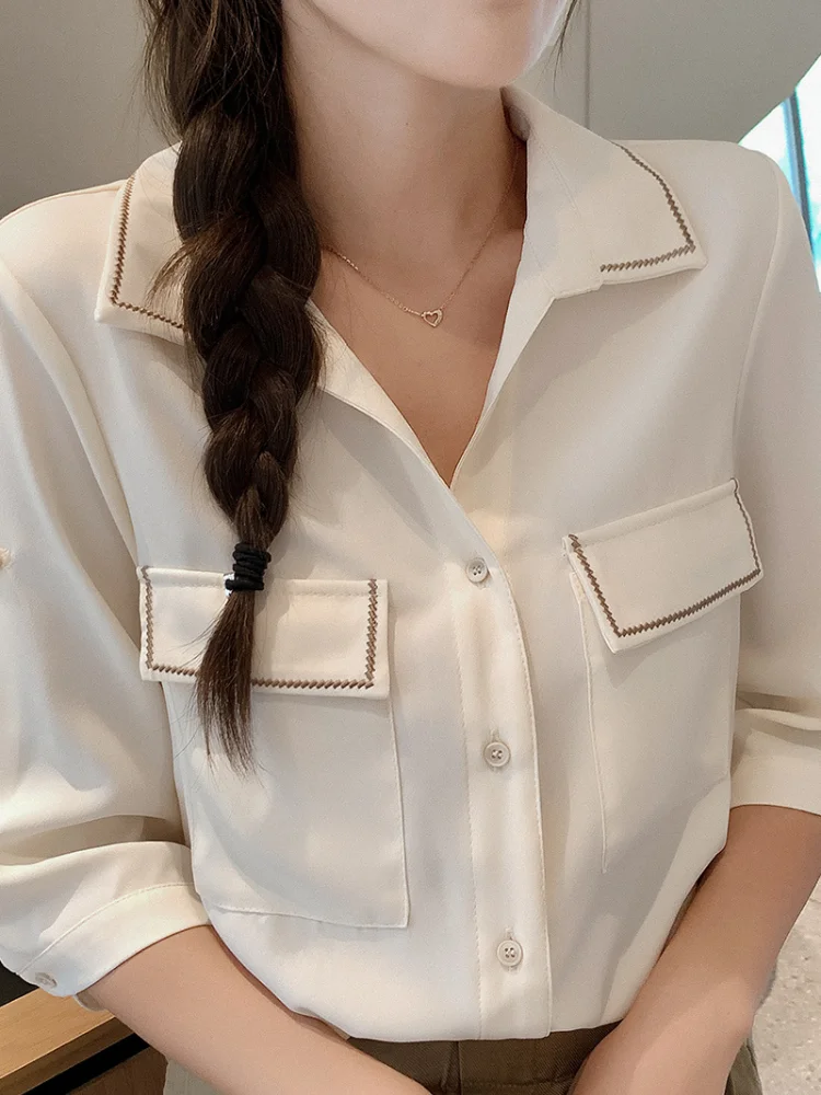 

2021 Summer Women Shirts White Plain Loose Oversized Blouses Female Tops Loose BF Korean Style Blusas Pockets