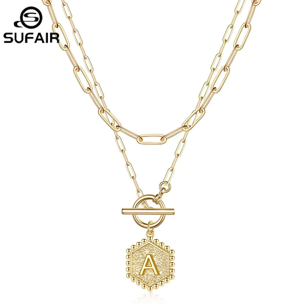 

Sufair 2pc Layered Hexagon Initial Necklaces for Women 14K Gold Paperclip Letter Link Chain Pendant Women Girl Jewelry Gift