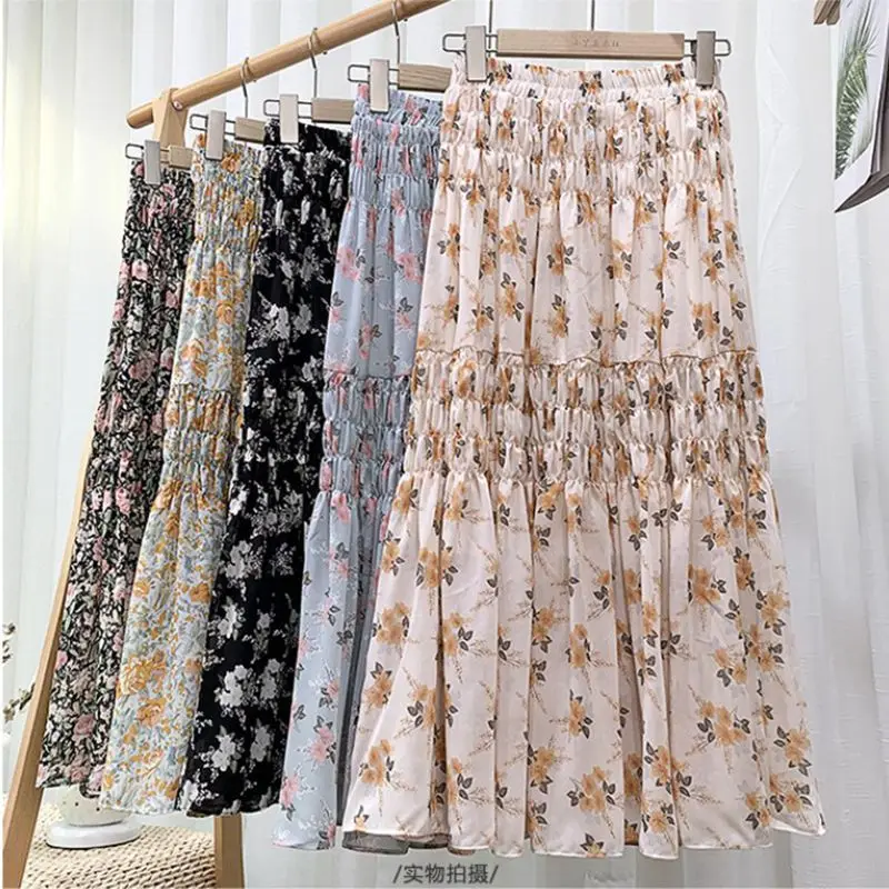 

Chiffon Floral Skirt Spring Summer 2021 New High Waist Slim Medium Length Pleated A-line Skirt Sweet Women's Fashion Slim Skirts