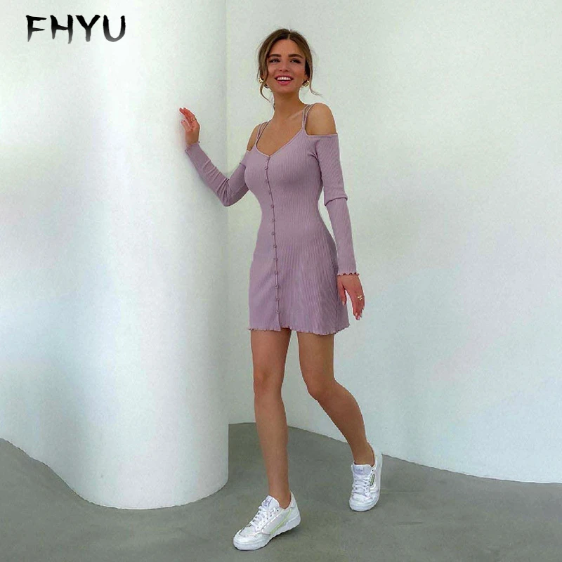 

FHYU High Quality Solid Color Dress Women S-L Fashion Sexy Woman Skirt One Word Collar Slim Strapless Long Sleeves Dress Female