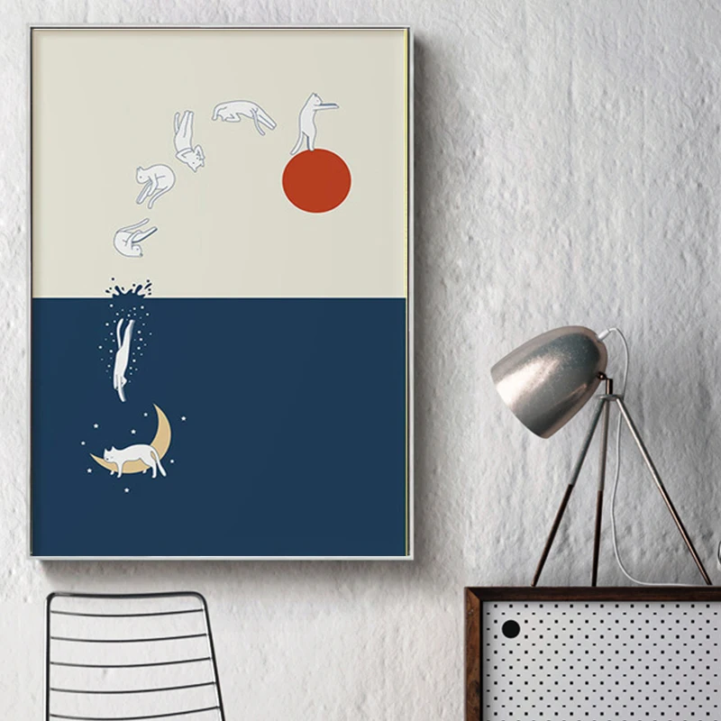 

Nordic Abstract Creativity Mountain Landscape Canvas Painting Cat Theme Art Prints and Poster Wall Art Picture Home Decoration