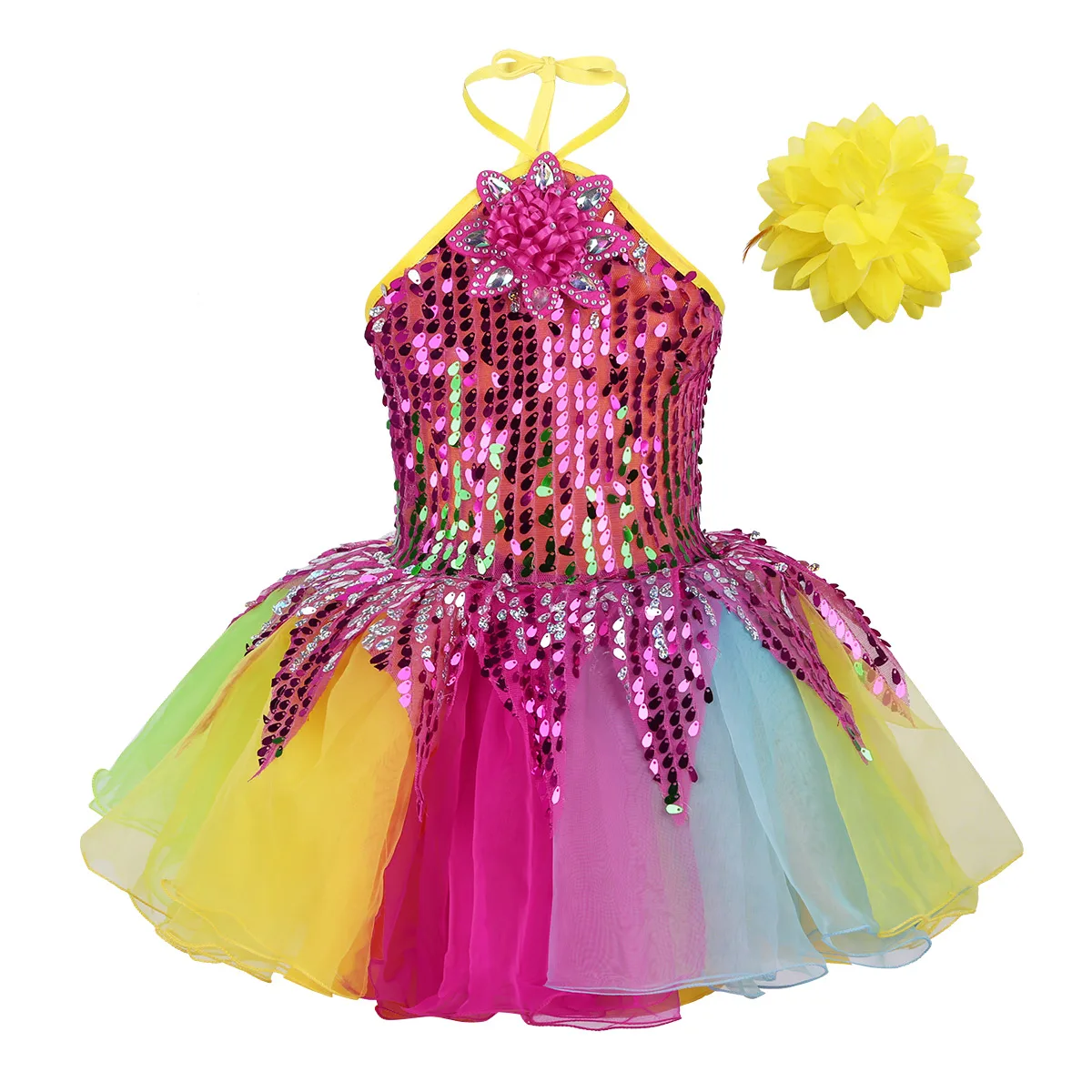 

Kids Halter Sequin Flower Applique Colorful Ballet Tutu Dress with Wristband Girls Stage Performance Ballroom Jazz Dance Costume