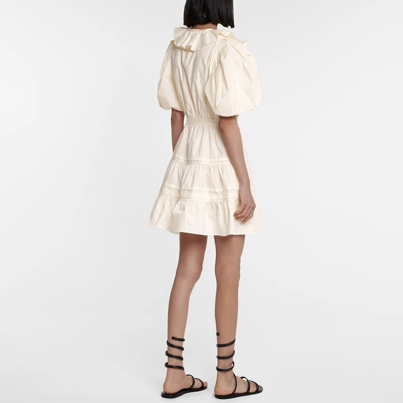 

SISPELL Puff Short Sleeve Dresses For Female Patchwork Ruffle High Waist Lace Up Bowknot Slimming Ruched Women's Elegant Dress