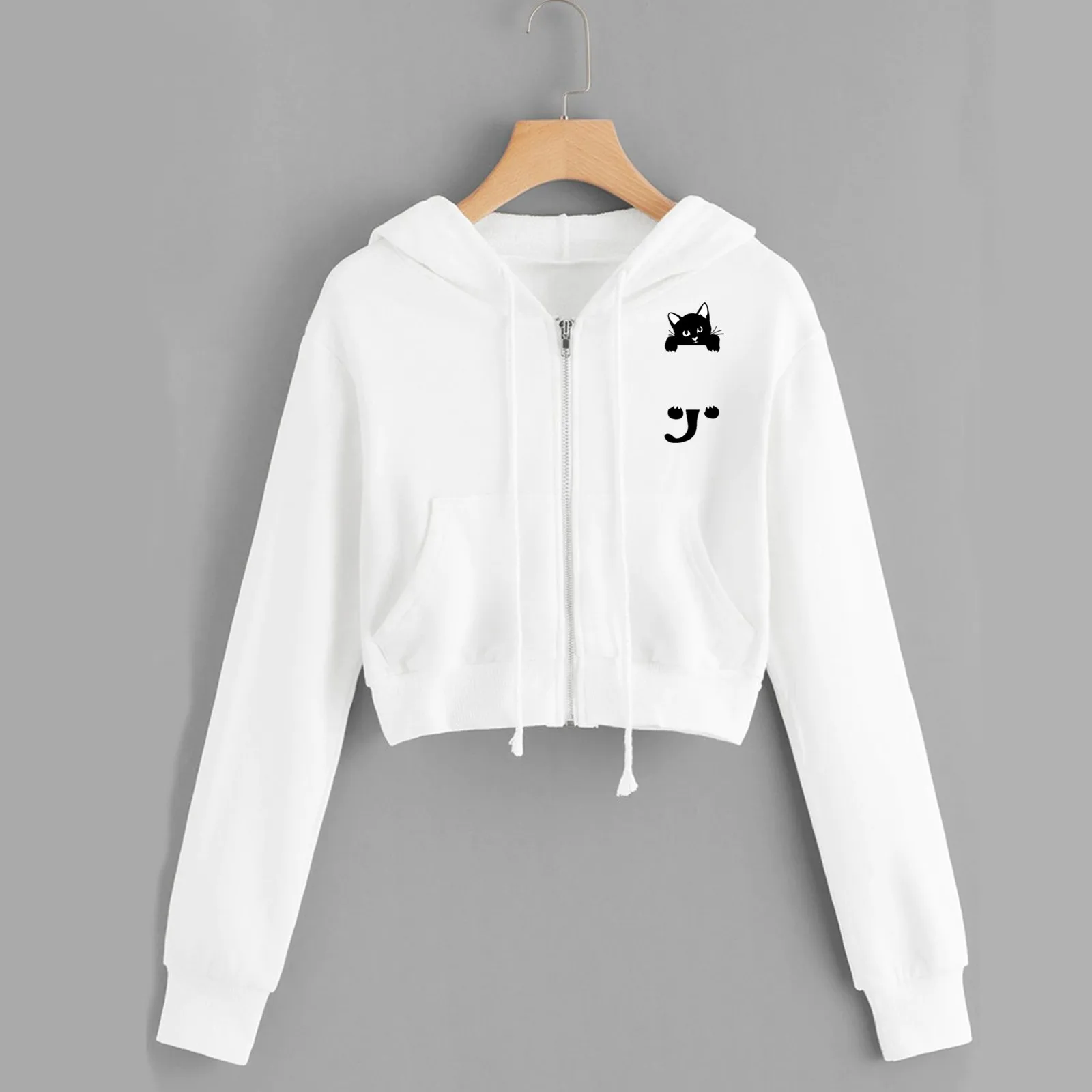 Hoodie Women Cropped Hoodies Sweatshirt Streetwear Women Casual Solid Long Sleeve Zipper Pocket Shirt Hooded Sweatshirt Tops