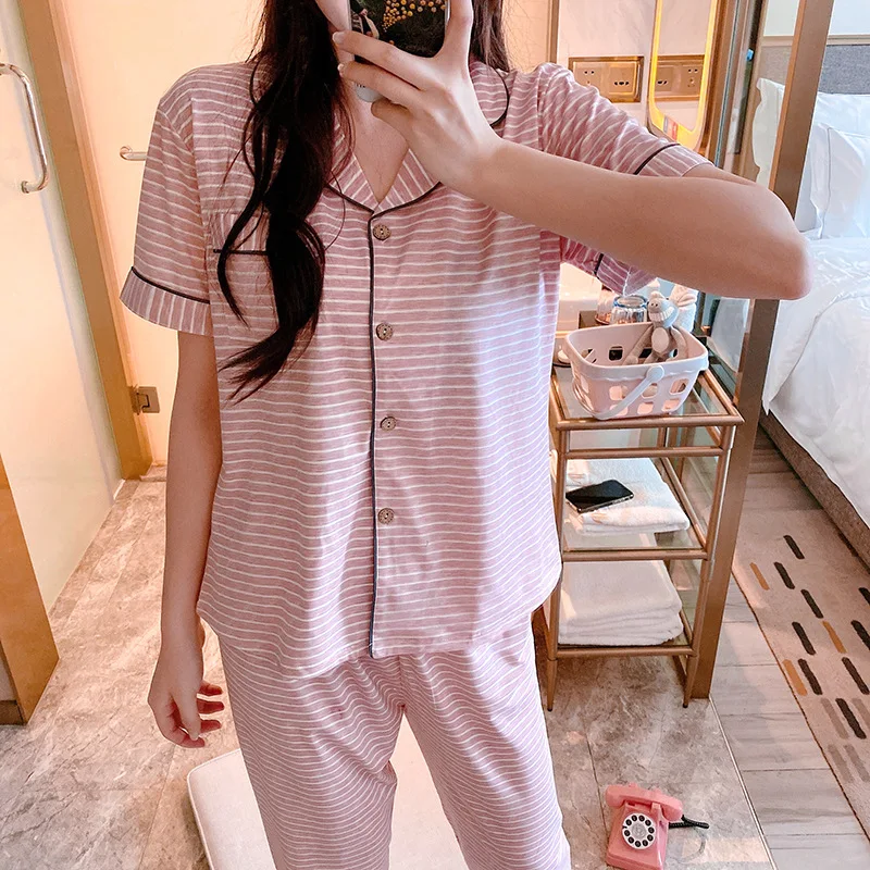 2021summer New Lapel Print Short Sleeve Pants Home Loose Casual Women's Pajama Set Lady Nightwear Female Sleepwear Sleeping Wear