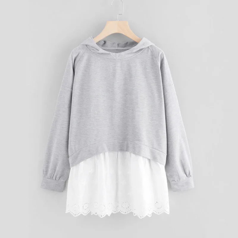 

Female Tops Wear Casual Hooded New Gray Color Lace Patchwork Loose Hoodies Women Spring Autumn Pullovers Jumpers Femme Hot Sale