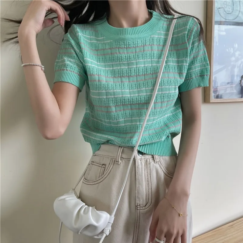 

ins tide striped sweater for small children 2021 summer new wild thin short-sleeved bottoming top