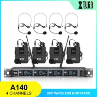 xtuga 4 channels uhf wireless microphone system with 4 bodypack headset and lapel mic professional for stage church family party