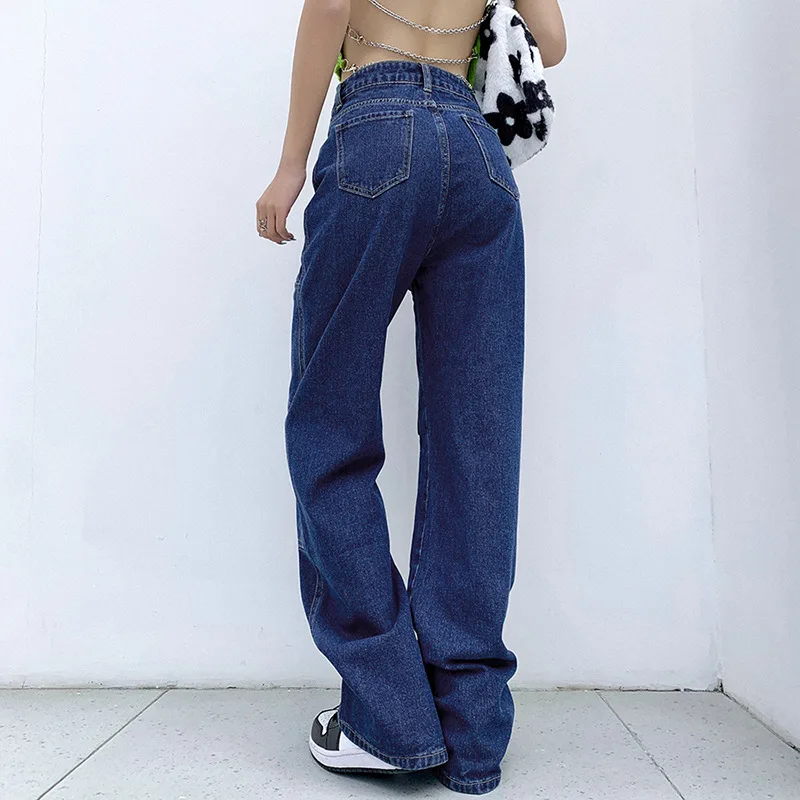 AIIOU Loose Long Pants Fashion Vintage Street Style Women Wide Leg Jeans Placket with Zipper Pocket Casual Femme Pantalon