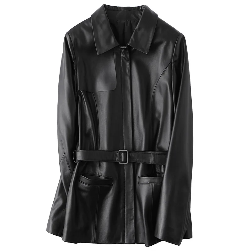 

Hot Selling 2021 Spring New Real Leather Coat Black Classic High Quality Soft Sheepskin Jacket for Women Wirh Belt