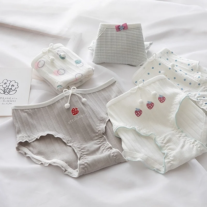 

6 Pieces/Japanese Gray Blue Strawberry Bubble Mid-waist Hair Ball Bow Ladies Briefs Cotton Student Girls Breathable Cute Briefs