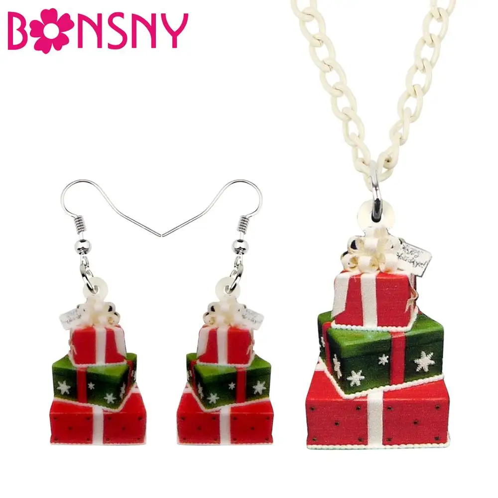 

Bonsny Acrylic Christmas Festival Gift Box Jewelry Set Necklace Earrings Anime Sweet Jewelry For Women Girl Charm Gift Accessory
