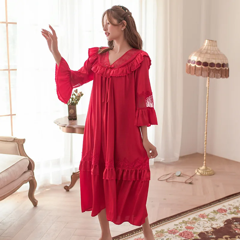 Spring 2021 New Wedding Red Nightdress Women's Long Sleeve French Sweet Princess Palace Style Nightdress Household Women's Wear