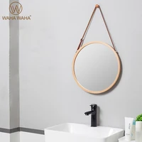 bathroom mirror hanging round wall mirror solid bamboo frame adjustable leather strap bedroom decoration makeup round mirror