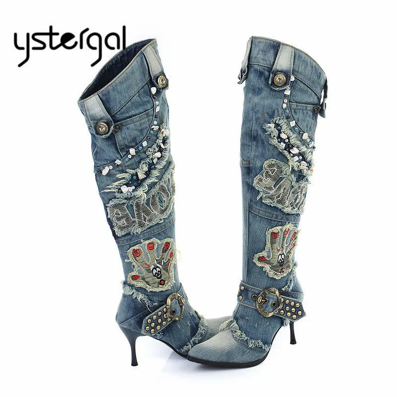 

Ystergal Women Denim Boots 9CM High Heel Long Boots Ladies Knee High Boots Rivets Beading Winter Warm Jean Botas Mujer