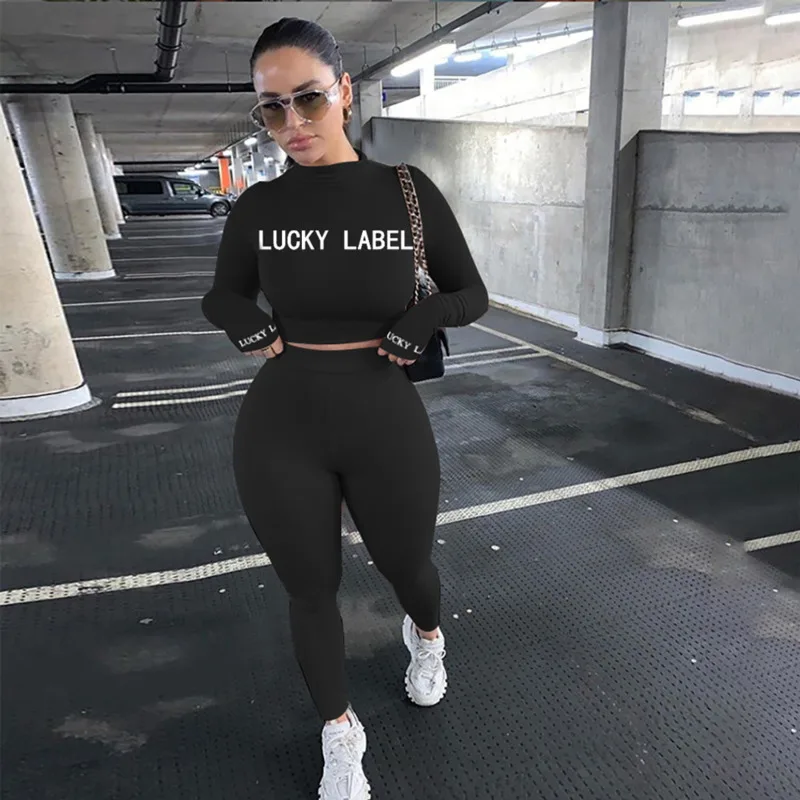 

Lucky Label Letter Print Women's Set 2020 Winter Long Sleeve Tracksuit Sportswear Female Crop Tops Jogger Pants Leggings Suits