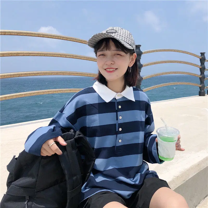 Футболки поло с воротником толстовки Женская толстовка в полоску Корейском