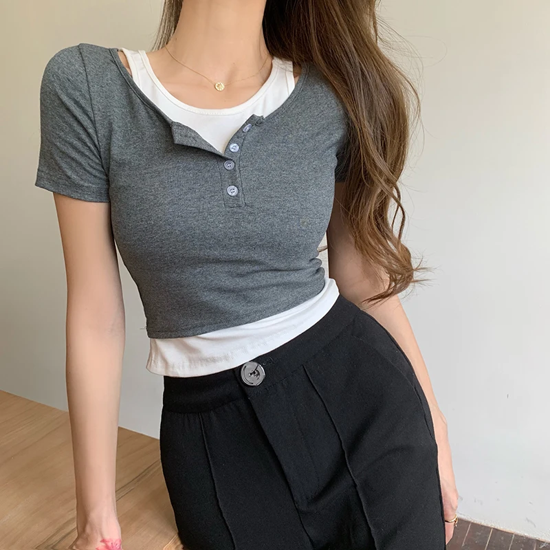 

Girls O-neck Short Sleeve Casual Chic Connected T-Shirts Women's Patched One-Piece Tshirt Crop Tops S723