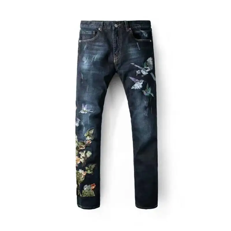 

New men's male fashion casual trousers Jeans blue embroidery European and American style denim pants