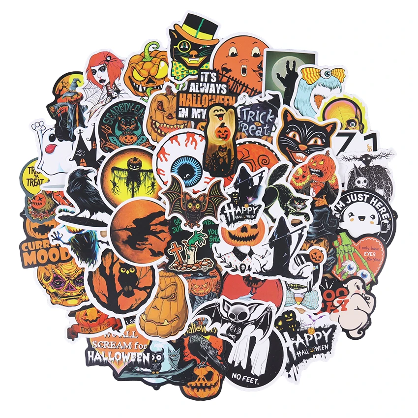 50 Uds. De decoraci&oacute;n de calabaza de Halloween, pegatinas impermeables para maleta, monopat&iacute;n, tel&eacute;fono m&oacute;vil, juguete para ni&ntilde;os-0