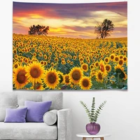 modern home art tapestry with sunflower field blooming at sunset in background