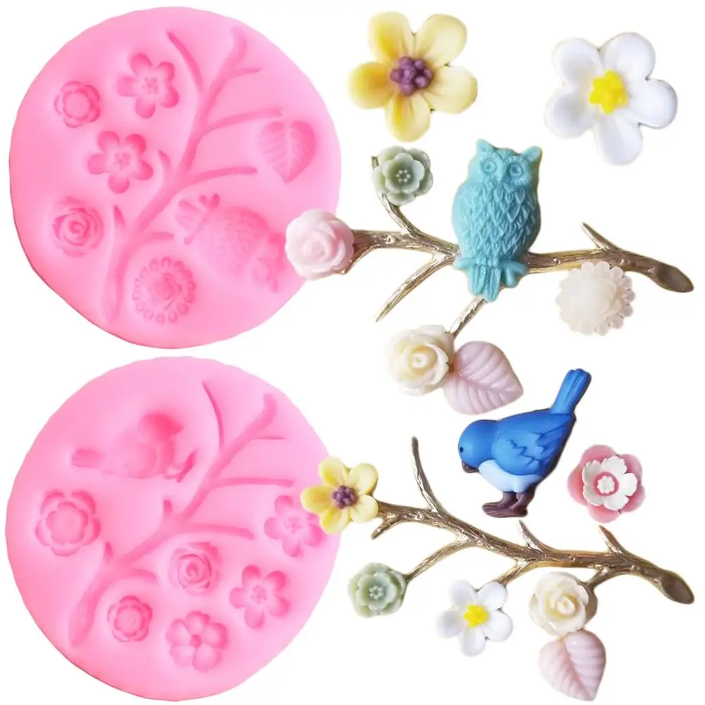 Силиконовая форма ветка дерева цветок листья бордюр роза птицы сова шоколадная