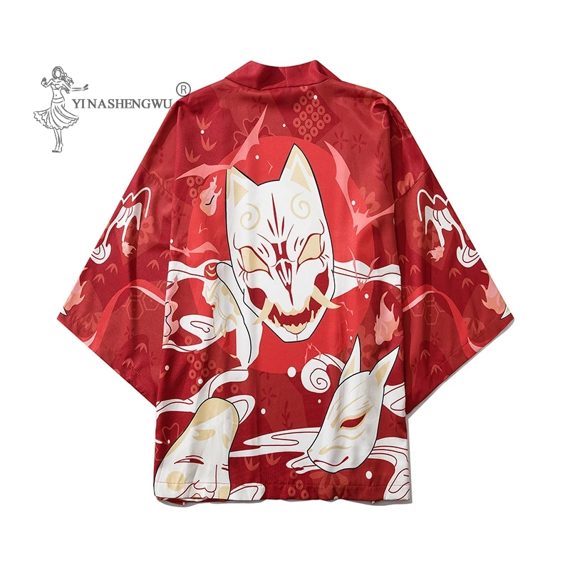 

Кимоно для девушек в стиле Харадзюку, юката, топ, японское кимоно, летняя рубашка с красным принтом, повседневные женские кимоно, кавайный Ко...