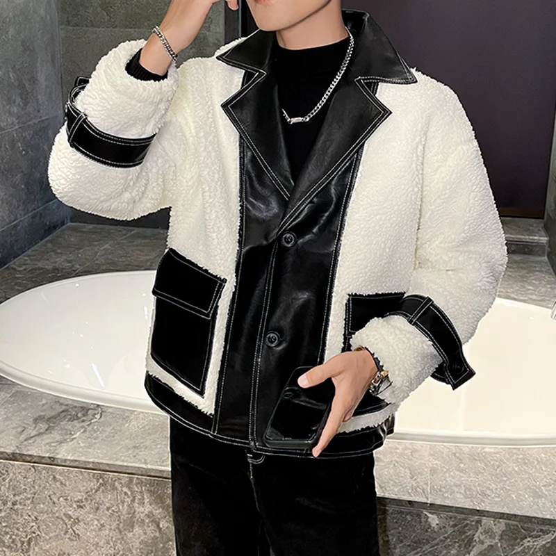 Winter Korean Lambswool Men's Jackets Locomotive Lapel Thicken Warm Parkas Casual Short Streetwear Social Overcoat Male Clothing